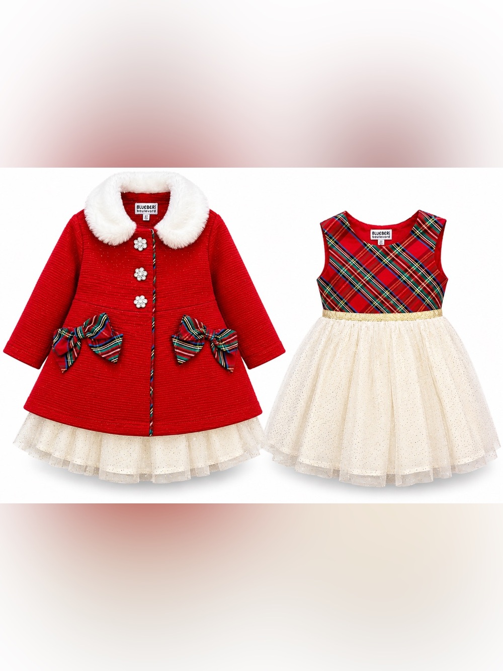 NWT Girls 2T Christmas Dress & Coat Set Red Tartan Plaid Faux fur